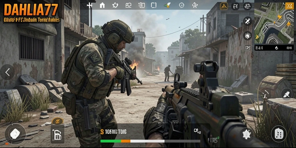 Tampilan gameplay seru DAHLIA77 yang menampilkan aksi tembak-menembak.