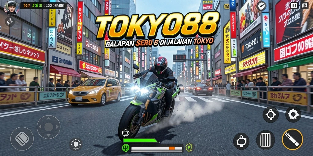 Tampilan gameplay seru pada balapan motor di Tokyo.